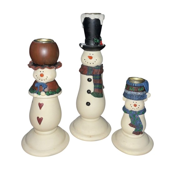 Snowman Family Candle Holders Christmas Holiday Decor w/Candles & Original Box - Picture 1 of 7